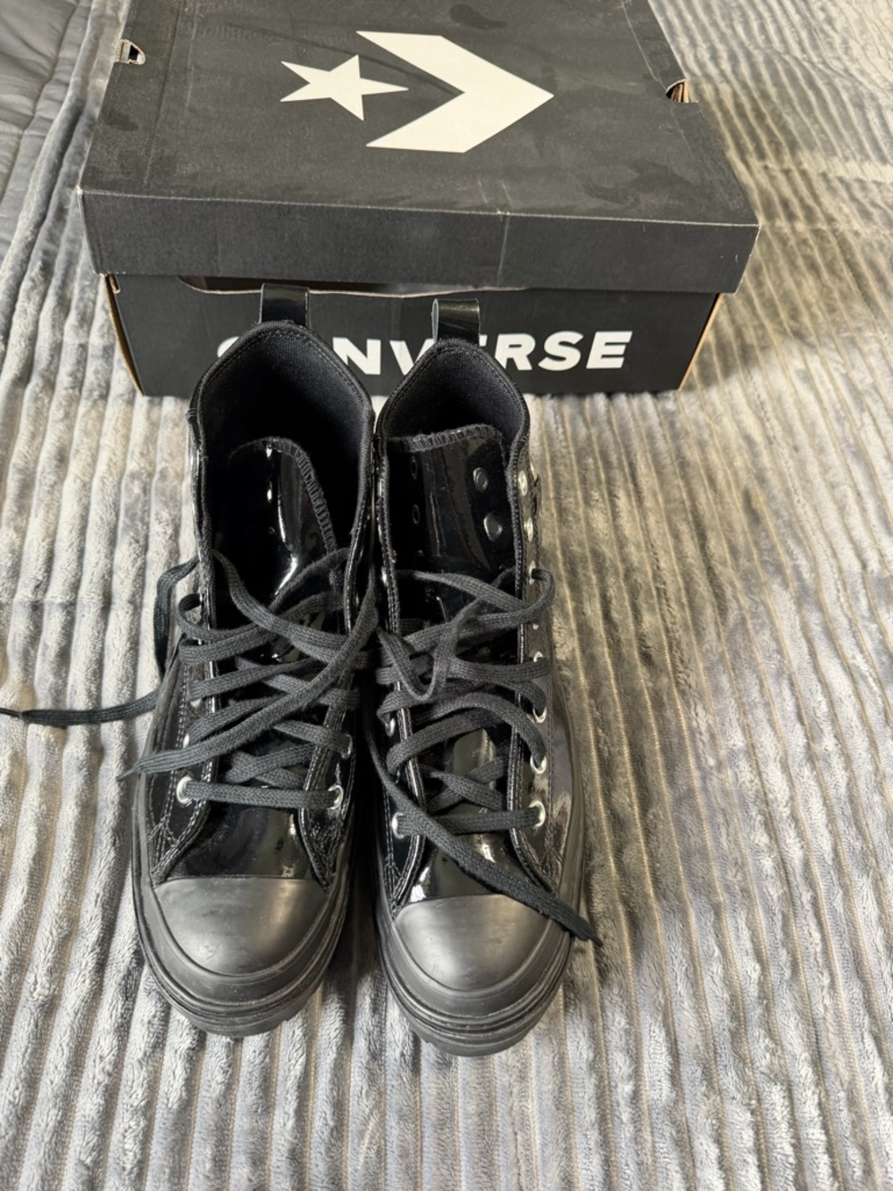 Converse Black Patent Platform High Top Sneakers Combat Boots - Picture 3 of 6